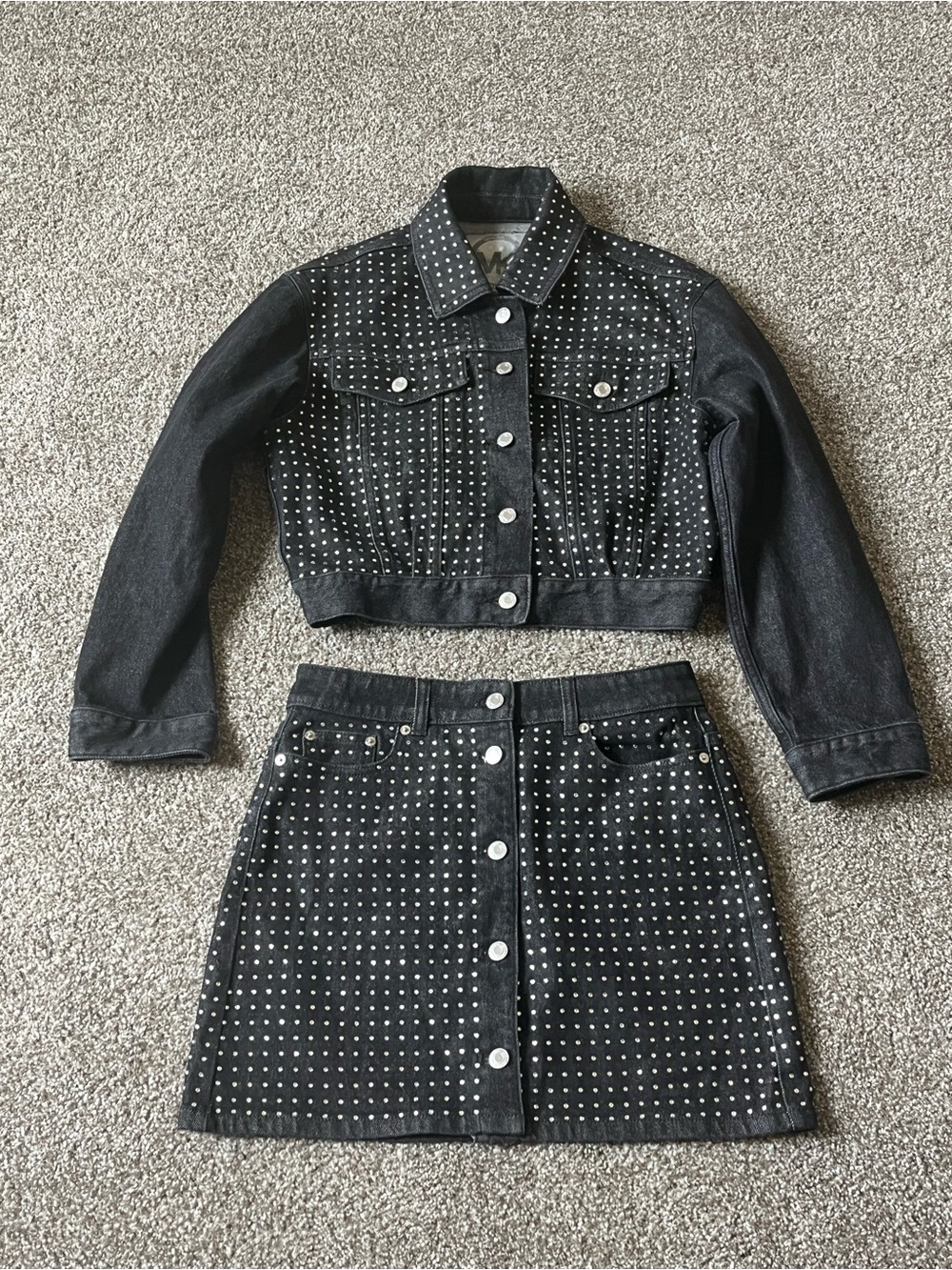 Michael Kors Black Studded Jean Jacket (M) and Mini Skirt (4)